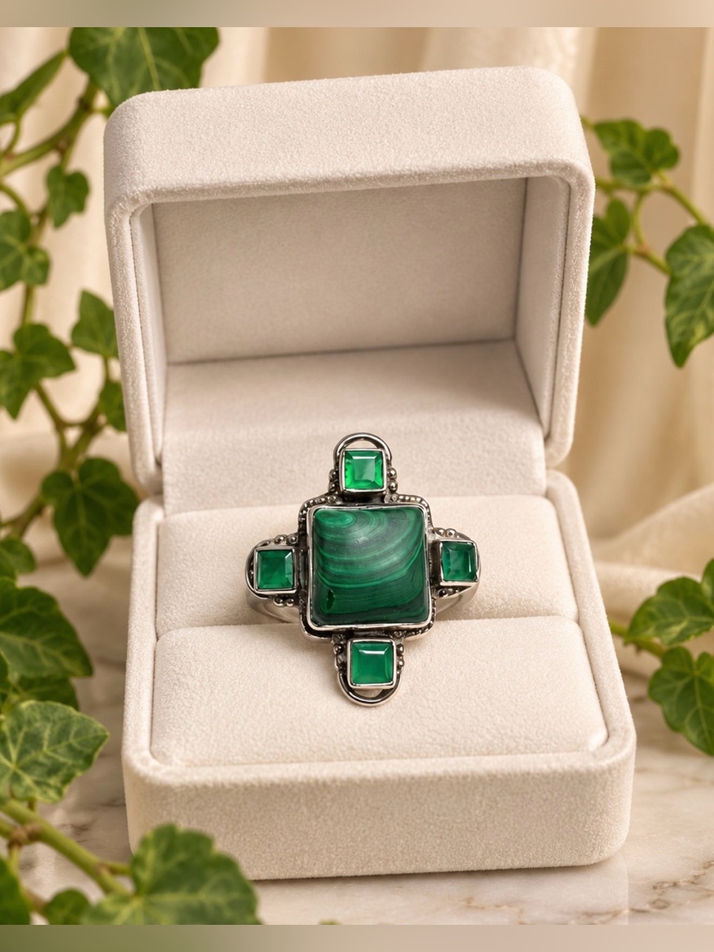 Ring Sterling Silver Genuine Malachite & Emerald Gemstone Vintage Artisan